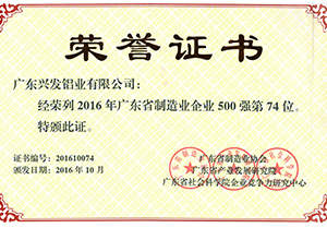 2016年广东省制造业企业500强第74位
