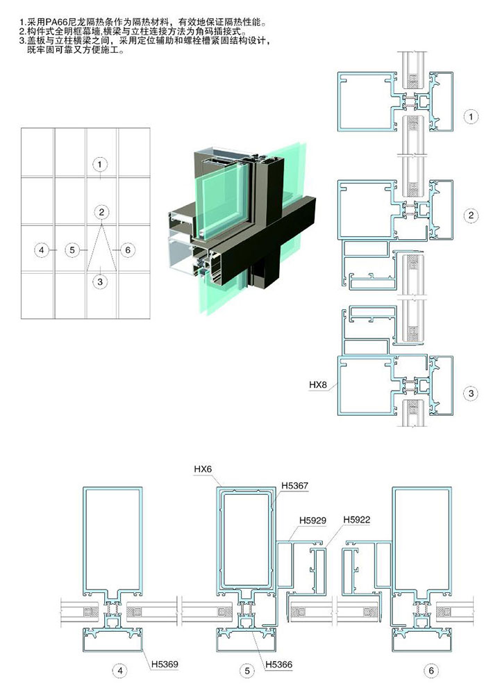 140-150系列明框隔热节能玻璃幕墙结构图(穿条)